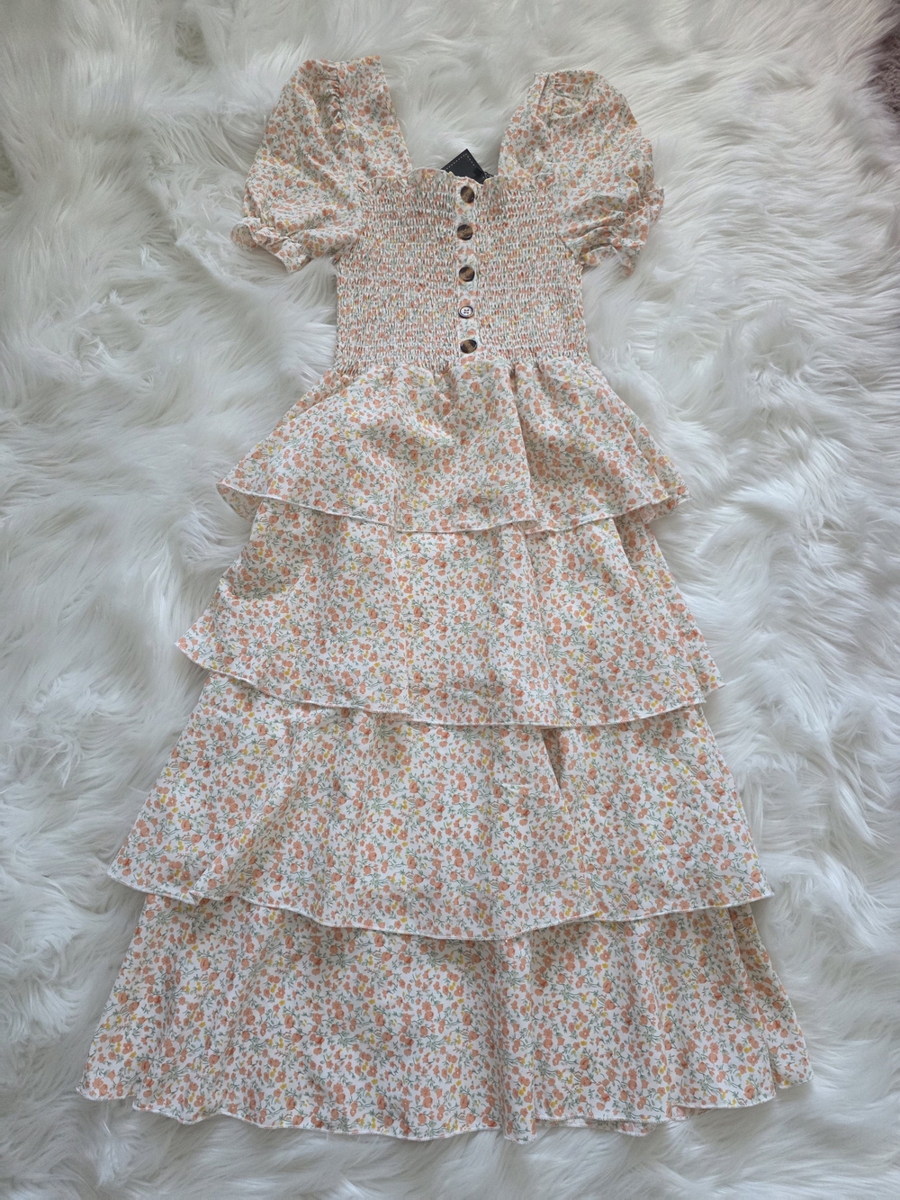 Smocked Puff-Sleeve Tiered Floral Dress for Kids - White & Peach